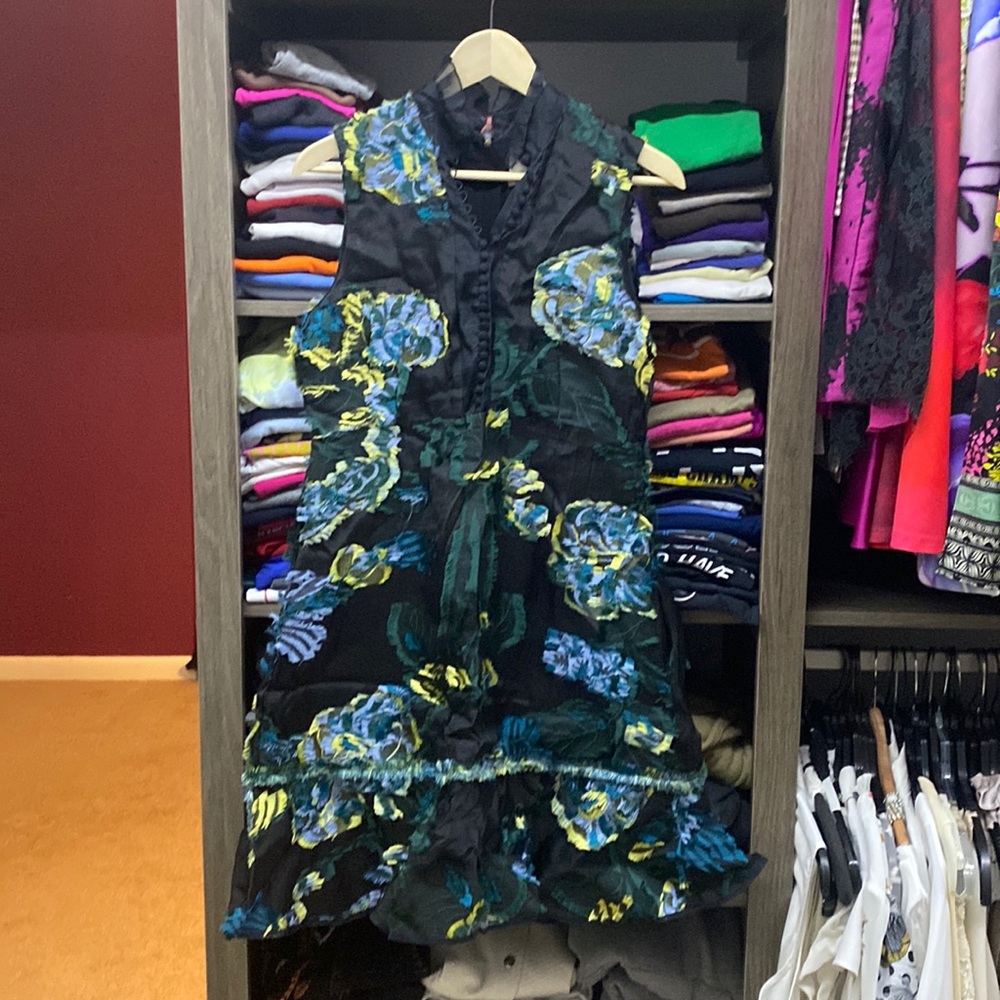 Erdem black floral point fringe flowered dress